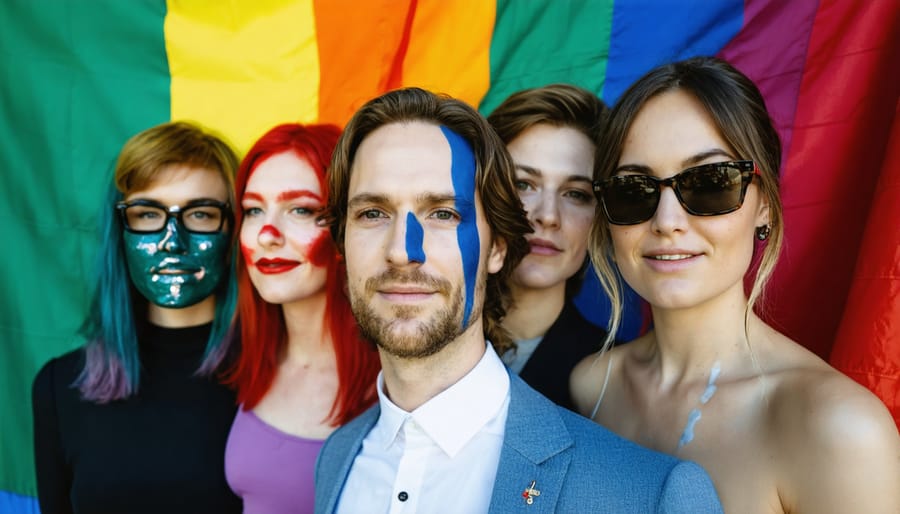 Diverse LGBTQ community members in supportive conversation at Calgary community center