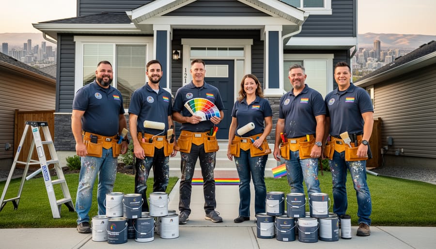 Professional painter smiling while holding paint roller and color samples in freshly painted room