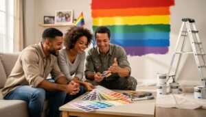 LGBTQ+ couple and a professional painter smile while reviewing paint color swatches at a living room table, with a partially painted rainbow accent wall, a small pride flag on a shelf, and painting tools softly blurred in the background.
