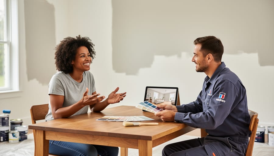 Two people reviewing paint color samples together in a welcoming home environment