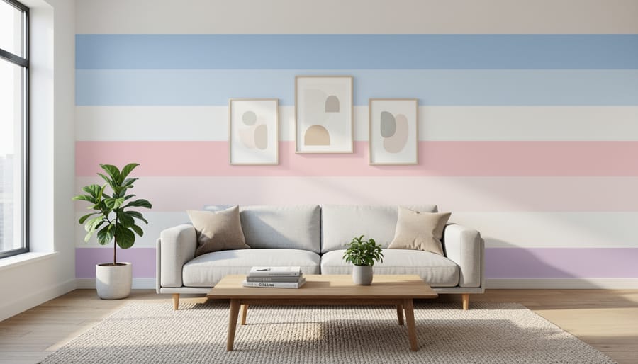 Bedroom accent wall featuring trans pride flag colors in soft pastel stripes
