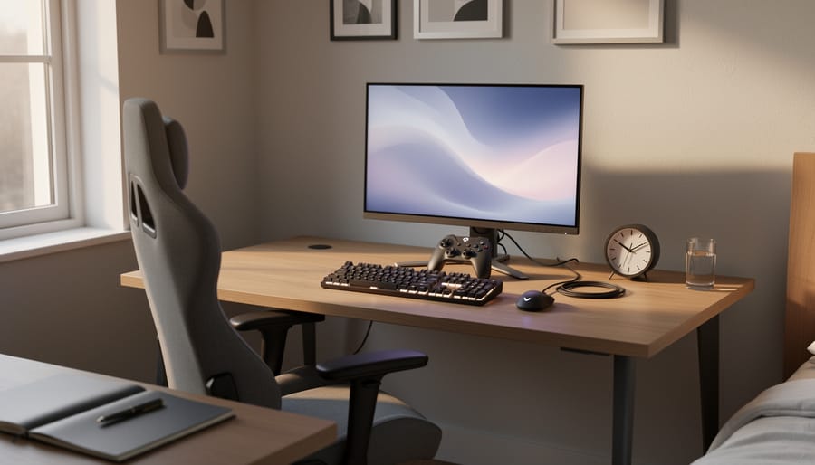 Laptop and smartphone on a table next to a small physical hourglass for time awareness.